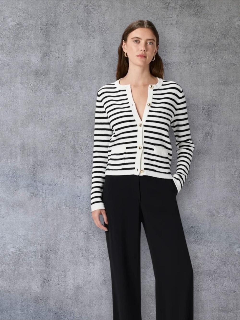 Quince Black and White Striped organic V-Neck Cardigan with Gold Buttons - Picture 5 of 10